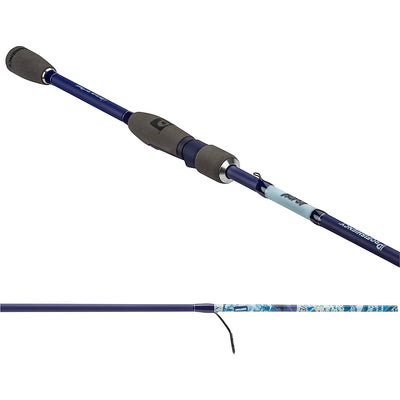 Angled view of Profishiency Krazy Kool spinning rod showing blue graphite blank, cork split grips, and stainless steel guides on white background