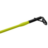 Close-up of Profishiency Flash All-Purpose spinning rod tip showing neon yellow shaft and black line guide on white background