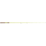 Yellow spinning fishing rod with cork handle, full-length side view