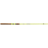 Side view of Profishiency Flash 6'8 spinning rod showcasing neon yellow blank, cork split grips, and stainless guides on white background