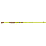 Neon yellow ultralight baitcasting fishing rod, cork handle with trigger grip, side profile
