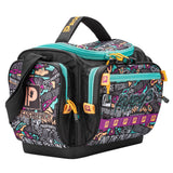 Front-right view of Krazy 3 tackle bag with multiple zippered pockets, teal zippers, top handle and molded base on white background