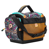 Angled view of Krazy 3 tackle bag with colorful print, turquoise zippers, orange mesh pocket, shoulder strap, molded base