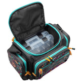 Top view of Krazy 3 Tackle Bag showing two clear 3600 tackle boxes inside with teal zippers and patterned front pockets