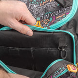 Close-up of Krazy 3 Tackle Bag pocket showing organizer slots, key clip, and turquoise zipper with Profishiency lining