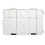 Top view of clear 3600-style tackle box showing internal divided compartments and two black front latches on white background