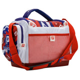 Red, white and blue PROFISHIENCY insulated tackle bag with P logo, adjustable red shoulder strap and mesh front pocket