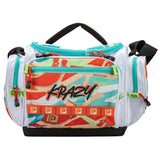Colorful insulated tackle bag with KRAZY logo and repeating P logo squares, teal zippers, top handle and shoulder strap