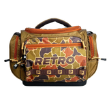 Camo Profishiency Retro tackle bag with RETRO text and repeating P logo, orange zippers