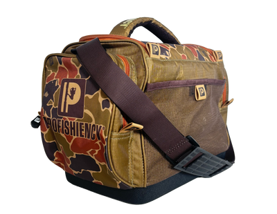 Camo Profishiency Retro tackle bag with RETRO text and repeating P logo, orange zippers