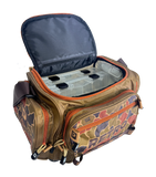 Three-quarter view of Profishiency Retro Green tackle bag, top open showing two clear boxes and camo front pocket