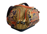 Three-quarter view of Profishiency Retro Green tackle bag showing multiple zippered compartments, MOLLE straps, molded base