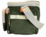 Front view of SOGO tackle bag with front zip pocket, adjustable cream shoulder strap, and olive green fabric