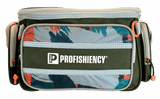 Front view of SOGO tackle bag with Profishiency logo, green canvas and zippered side pockets with orange pulls