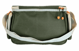Front view of SOGO tackle bag with olive fabric, beige shoulder strap, top and side zip pockets with orange pulls