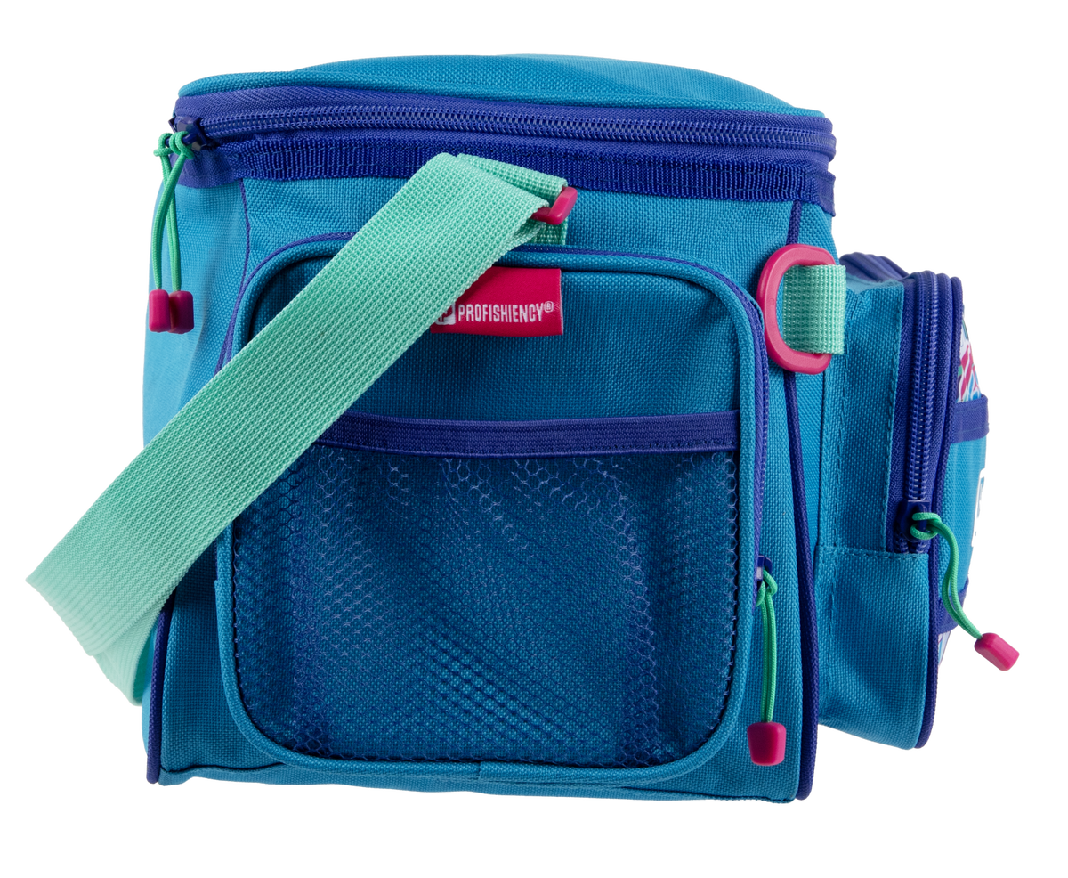 blue tackle bag with plastic zipper RI Club size tackle trays in main compartment Klein Tools 5539BLU Canvas Zipper