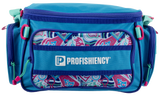 Front view of Wild Child tackle bag showcasing Profishiency logo, patterned front pocket, and purple trim on white background