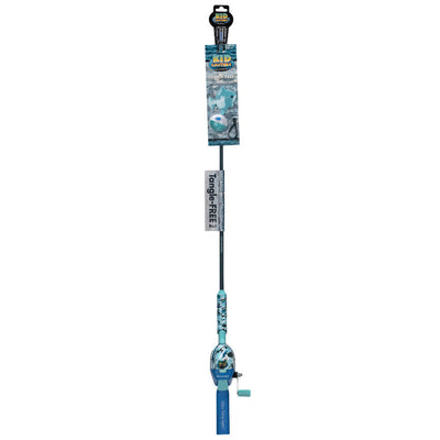 Angled view of Blue Kid Casters tangle-free youth fishing kit