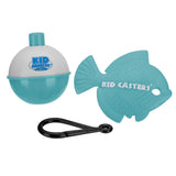 Front view of Kid Casters teal tangle-free bobber and fished shaped lure 