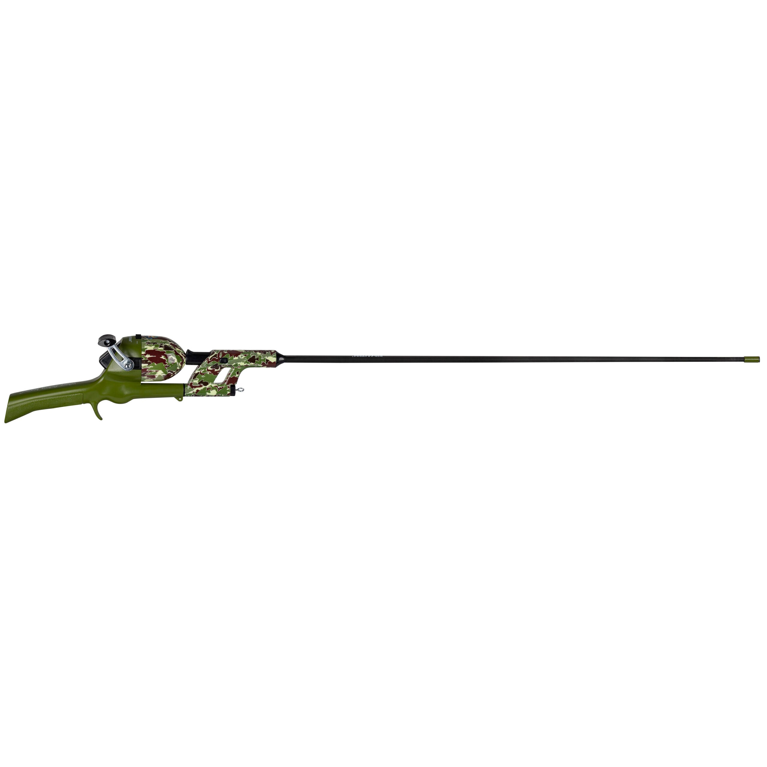 camouflage fishing pole Lew's American Hero Camo 6ft Spinning Combo spooled with 6lb abrasion resistant fishing line. Lew's G2 American Hero Camo