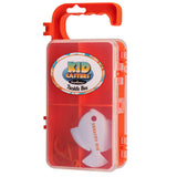 Front view of Kid Casters tackle box by Profishiency, orange translucent 8-compartment box with clear lid and white fish plug