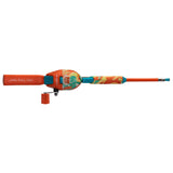 Kid Casters youth spincast rod and reel, orange/teal pattern; 'Where Fishing Begins' on handle, 'KID CASTER' on reel