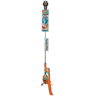 Kid Casters Krazy Tanglefree youth fishing rod with closed-face reel, orange, teal and yellow patterned finish