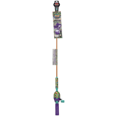 Purple kids fishing rod with neon-camo closed-face reel and teal accents, angled view