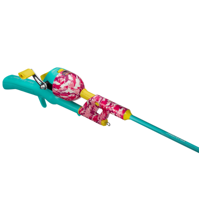 Pink camo tangle-free poles from Profishiency, angled view showing the lightweight, durable design for fishing or outdoor use.