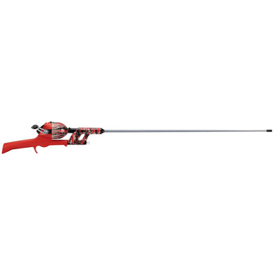 Angled view of Kid Casters red tangle-free youth fishing kit
