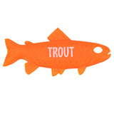 Orange trout-shaped casting plug with word 'TROUT' printed on side