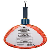 Kid Casters youth fishing net packaging; label reads 'YOUTH FISHING NET' and 'AGES 4+'; orange mesh, blue handle.