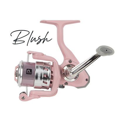 Pink spinning fishing reel labeled 'Blush' with 'PROFISH II' on the spool