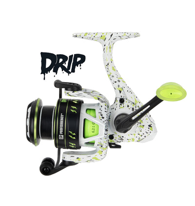 Spinning fishing reel with white, black and lime green drip-paint finish; 'DRIP' logo and '6.2:1' gear ratio visible.