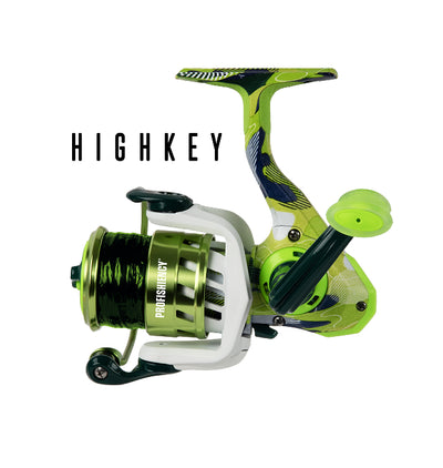 Green camo spinning fishing reel labeled HIGHKEY and PROFISHENCY