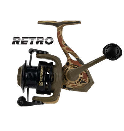 Camo-pattern spinning fishing reel with 'RETRO' logo and spool marked 'PROFISHENCY'.