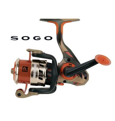 SOGO camouflage spinning fishing reel with orange accents; metal spool labeled PROFESSIONAL