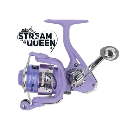Purple Stream Queen spinning fishing reel with 'STREAM QUEEN' logo and '8LB LINE' on spool.