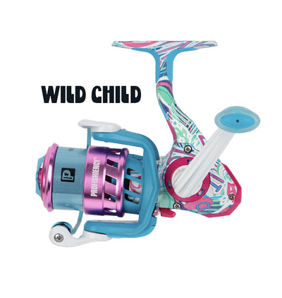 Colorful spinning fishing reel with WILD CHILD graphic and turquoise, pink and purple accents
