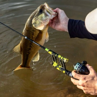 Angler holding a large bass by the jaw next to a baitcasting rod and reel over murky water.